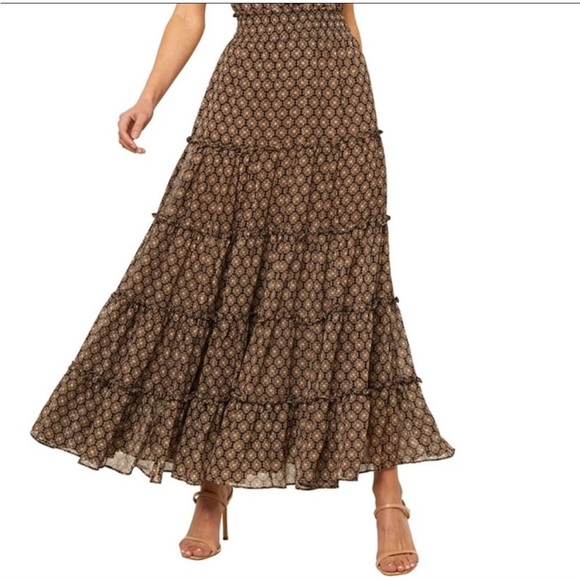 MISA Ananda tiered ruffle maxi skirt smocked elastic waist metallic print small - Picture 2 of 12